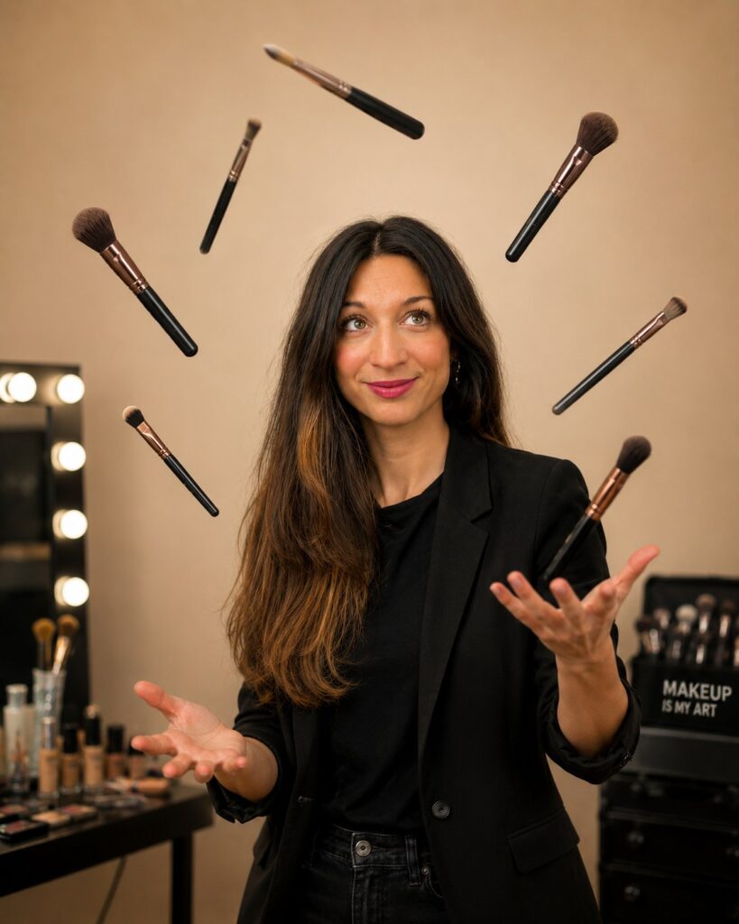 Natalie Aust, staatlich anerkannte Maskenbildnerin und Make-up-Artist aus Düsseldorf, mit Make-up-Pinseln